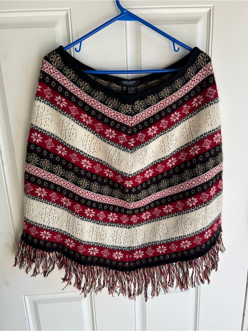 Karen Kane Cream, Red & Black Fair Isle Fringe Poncho